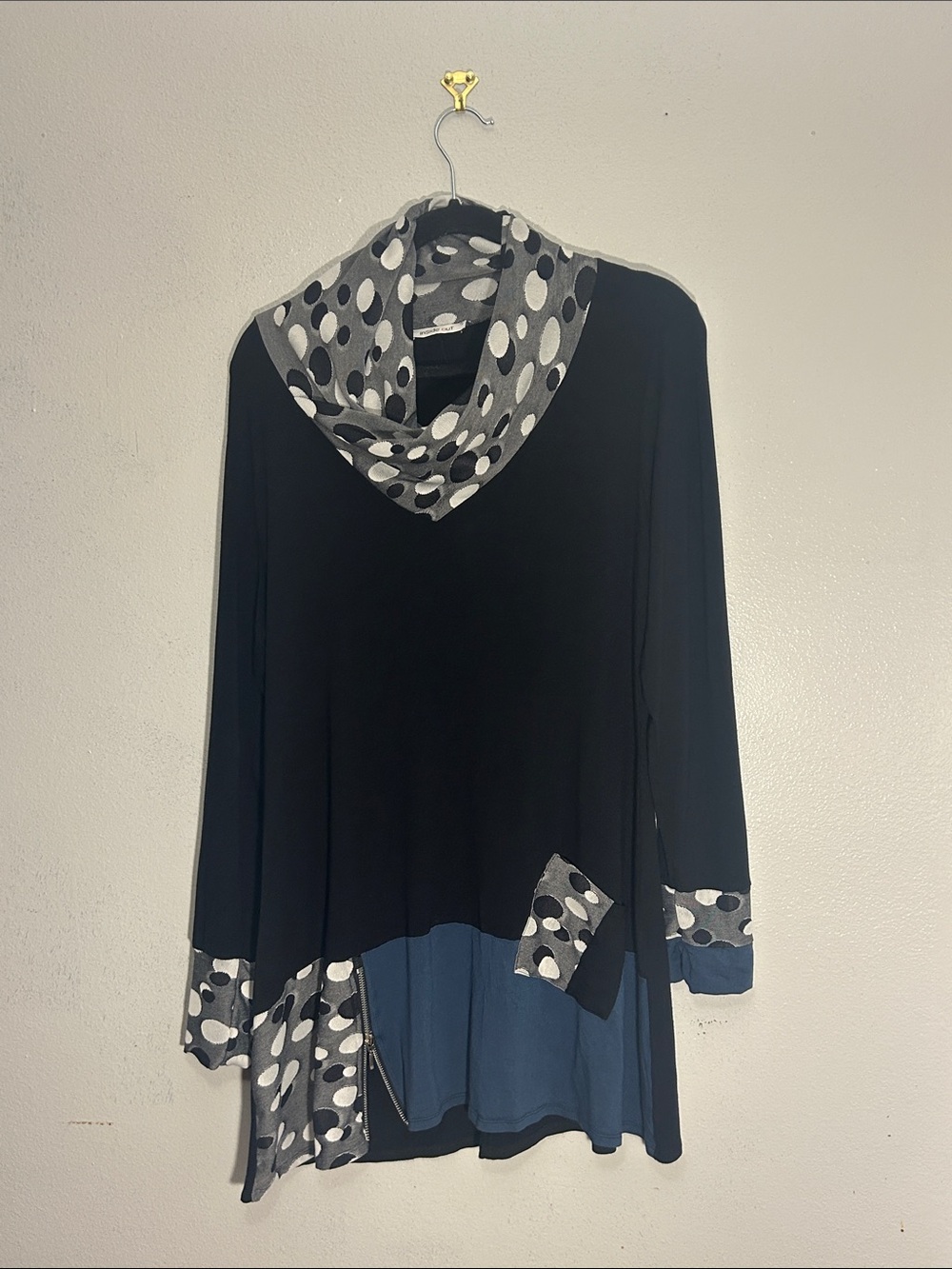 Black Midi Dress with Polka Dot Trim and Blue Hem